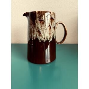 Vintage Pottery Stoneware Pitcher - Brown Salt Drip Glaze, Retro Dishware